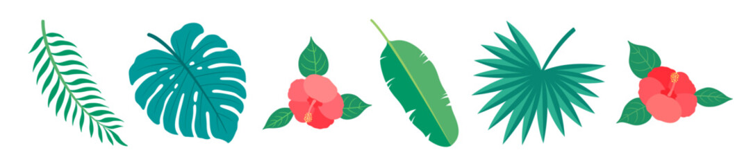 Hibiscus and palm leaves summer tropical border. Banana, monstera, fan palm leaf and red hibiscus flowers in a line. Hawaiian beach simple repeat design element. Flat horizontal vector illustration.