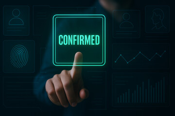 Futuristic Confirmed Identity Verification Interface with Finger Touch on Holographic Digital Screen for Cybersecurity, Fintech, and Technology Concepts