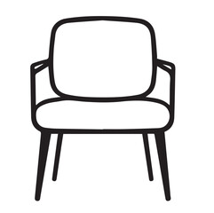 A black outline vector illustration of a modern armchair with a padded seat and backrest, and sleek legs.