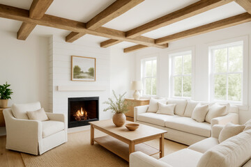 Fototapeta premium Cozy Living Room With Natural Light, a Fireplace, and Wooden Beams in a Modern Home