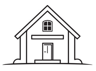 A black outline vector illustration of a simple house with a pitched roof, door, and a small window above the door.
