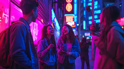 A trendy urban street at night with neon signs glowing in vibrant pink, blue, and purple tones. A young group of friends laughing and taking photos captures the energy and excitement of city nightlife