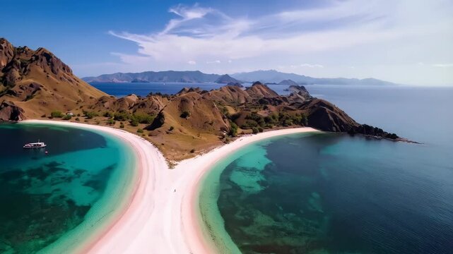 Aerial view of a split sandy beach surrounded by clear turquoise ocean water, green vegetation, and hilly islands under a blue sky