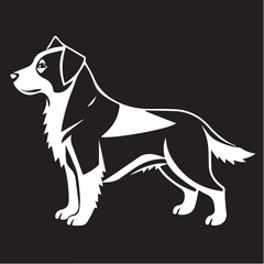 A white vector silhouette of a standing dog with distinctive markings, shown in profile against a black background.