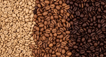 Overhead View of Coffee Beans in Three Roast Levels: Light, Medium, and Dark
