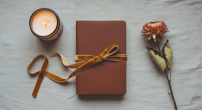 Boho Flat Lay with Closed Journal, Dried Flower and Candle &ndash; Vintage Romantic Still Life Horizontal