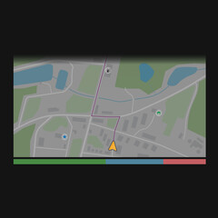City minimap navigation, GPS game style navigator. Simple realistic map with small town, route player arrow in the center with icons on map. Game UI overlay HUD radar navigator.
