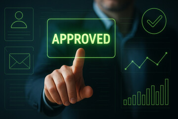 Futuristic Digital Approval Interface with Glowing Green Holographic Elements and Business Analytics for Secure Identity and Verification Systems