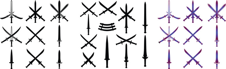 Silhouetted and Colorful Sword Arrangements A Visual Display of Weaponry in Various Formations and Styles Against White Backdrop, sword, weapon, silhouette, crossed swords, blade