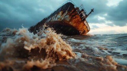Naklejka premium A dramatic scene of a weathered shipwreck battling stormy seas, capturing a sense of both destruction and the beauty of nature’s power in this compelling image.