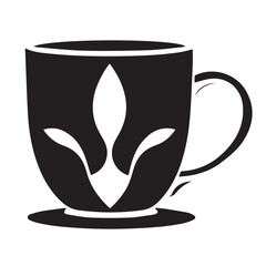 A black and white vector image of a stylized mug or cup with a decorative, leaf-like design on its front.