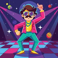 Cartoon man with mustache dancing at a retro disco party
