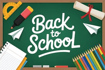 Back to School Flat Vector Illustration with Chalkboard & School Supplies

