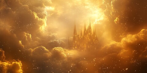 Fototapeta premium Golden Castle in Heavenly Clouds Fantasy Background for Design Projects