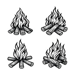 Vintage Campfire Woodcut Illustration Set