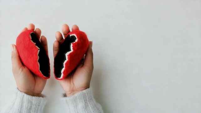 Hands reparing a broken heart with soft red texture in gentle movements