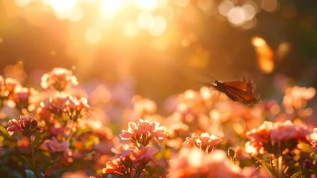 Butterfly Flying Among Pink Flowers In Sunlight