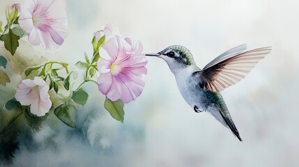 Naklejka premium Watercolor hummingbird feeding on a flower
