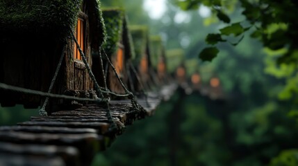 A picturesque line of enchanting treehouses nestled within a lush, green forest, connected by a wooden bridge, fostering a sense of adventure and whimsy.