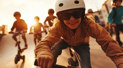 A joyful moment captured of children riding scooters at sunset, showcasing the thrill of adventure and playfulness against a backdrop of a stunning golden hour sky.