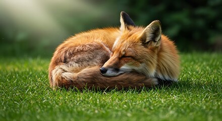 Fototapeta premium Red Fox Napping in Sunlit Grass A Peaceful Wildlife Moment