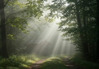 Obraz premium Sunlight beams through misty forest path