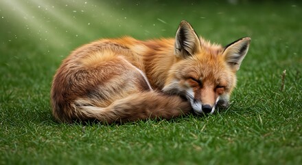 Fototapeta premium Red Fox Sleeping Peacefully in Green Grass A Serene Wildlife Image