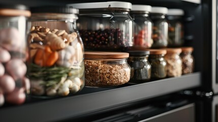 This image showcases a beautifully organized pantry with jars filled with various ingredients, highlighting both functionality and aesthetic appeal in kitchen organization.