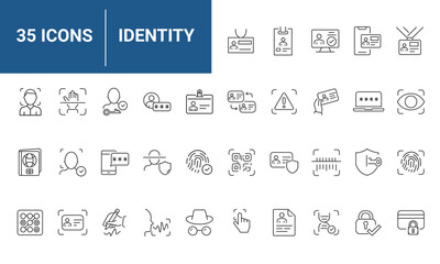Identity set of web icons in line style. Verification icons for web and mobile app. Fingerprint, face identification, ID card, voice recognition, DNA, Passport. Vector illustration