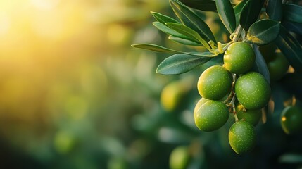 A serene image of green olives on an olive branch glowing in soft golden light, symbolizing peace, prosperity, and natural beauty in a lush Mediterranean setting.