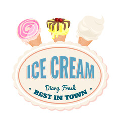Ice cream label. Sweet cold dessert social media advertising. Retro brand post with text. Branding for cafe or shop. Flat vintage Vector illustration.