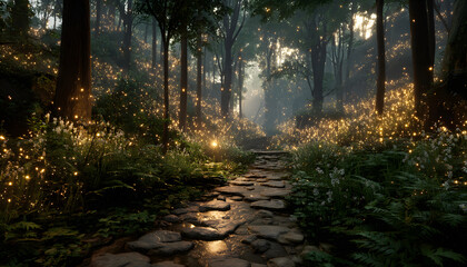 Obraz premium Fantasy forest glowing with fireflies and golden lights along a magical path, ideal for storytelling, immersive games or enchanted world-building themes