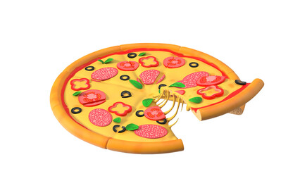 A colorful, playful pizza illustration with toppings and a slice missing, designed for fun or educational purposes.
