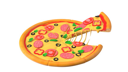 A colorful, playful pizza illustration featuring toppings like pepperoni, olives, and vegetables, showcasing a fun food concept.
