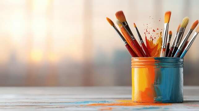A collection of artist brushes in vibrant paint containers, depicting creativity and inspiration through the splash of colors and the artistic tools involved in creation.
