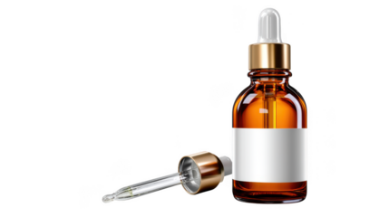Amber bottle with dropper and blank label for cosmetic product isolated on transparent background
