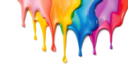 Colorful paint drips down a white background creating a vibrant and artistic effect