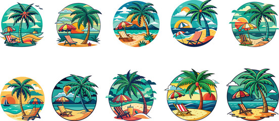 beach theme design with trees, relaxing chair, and umbrella emblem badge set vector illustration