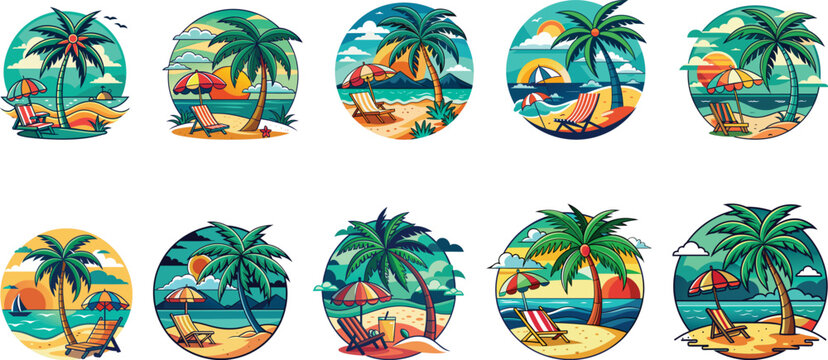 beach theme design with trees, relaxing chair, and umbrella emblem badge set vector illustration