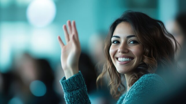 A joyful young woman with curly hair and a bright smile, waving cheerfully at the camera, exuding positivity and warmth in a lively social environment filled with people.