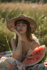 woman in sunhat eating watermelon, summer picnic, field, soft light