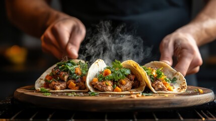 A close-up of freshly prepared tacos showcases a rich blend of flavorful ingredients, inviting food lovers to indulge in a culinary experience filled with zest.