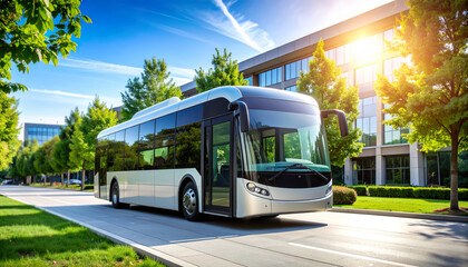 Fototapeta premium Mid-sized electric city bus stopping to pick up passengers