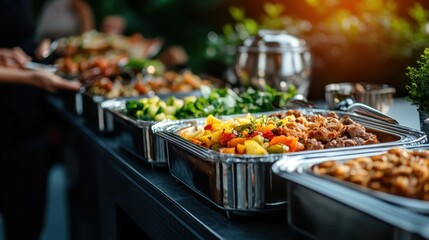 An elegantly arranged buffet table displaying a variety of mouth-watering dishes, highlighting the beauty of culinary presentation in a warm, inviting atmosphere.