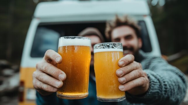 Two friends celebrating their outdoor adventure with cold beers, showcasing the joy of friendship amidst a beautiful natural setting in a camper van.