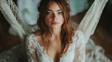 A beautiful bride gazes directly at the camera, exuding elegance and grace in her intricate wedding dress, capturing the essence of romance and joyous anticipation.
