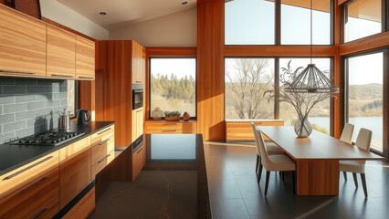Modern kitchen and dining area with natural light and lake view, interior design