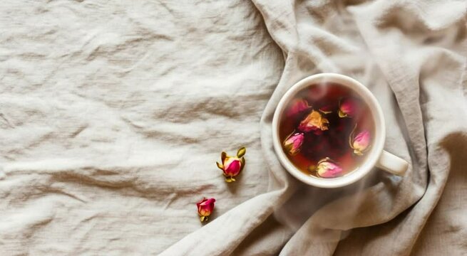 Steaming Rose Buds Tea on Neutral Linen in Feminine Boho Minimal Flat Lay Style