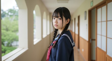 A young Japanese girl in a sailor uniform stands in a school corridor and looks thoughtfully  