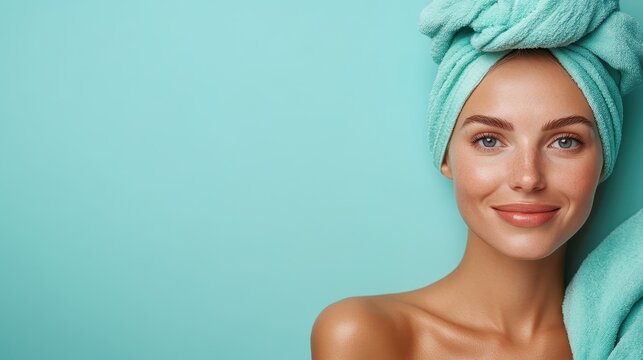 A radiant woman with a towel wrapped around her head smiles, showcasing self-care and confidence. The soft background emphasizes a sense of relaxation and beauty in her expression. - Powered by Adobe